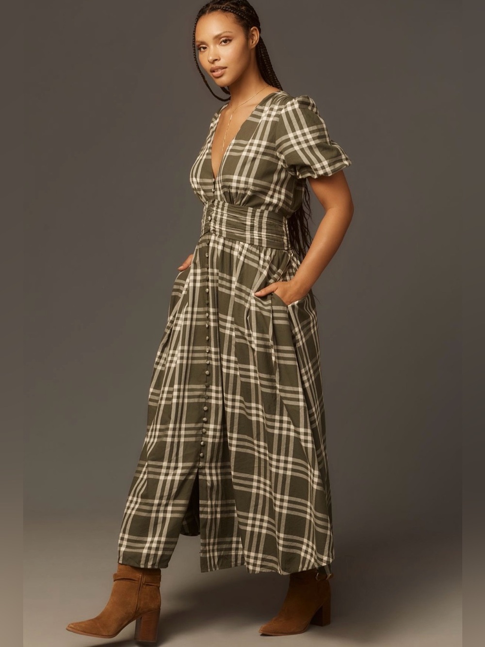 Anthropologie Katerina Button-Front Plaid Puff-Sleeve Midi Dress L - 100% Cotton - Picture 14 of 15